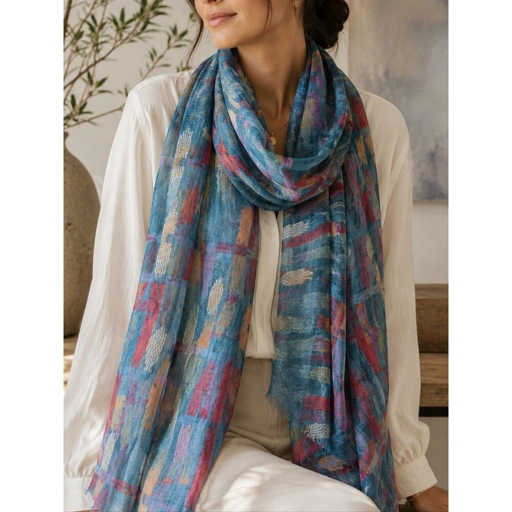 Vintage Multicolor Boho Abstract Scarf Wrap 54x40 Textured Raw Silk Feel Ethnic